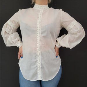 60s/70s Mardi Modes Lace Sleeve Lace Trim High Neck Blouse